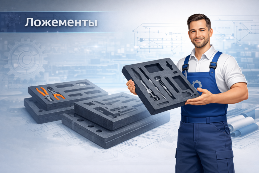 Инженер показывает ложемент для инструмента, изготовленный по индивидуальному макету