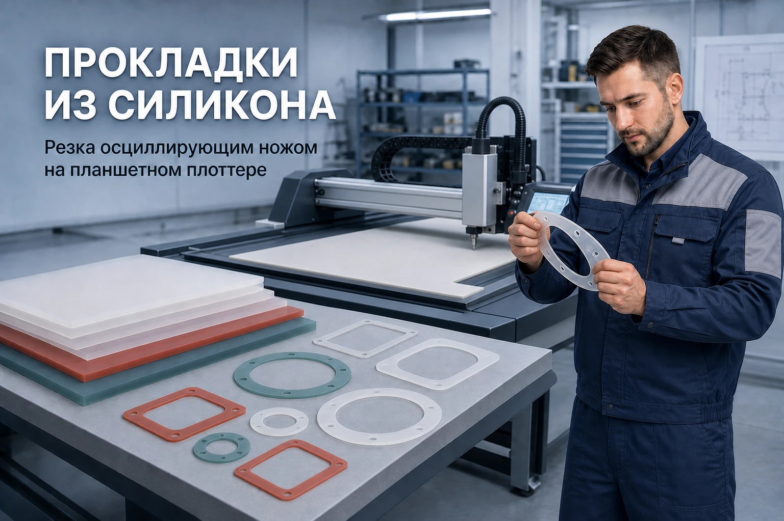 Изготовление плоских силиконовых прокладок осциллирующим ножом на планшетном плоттере